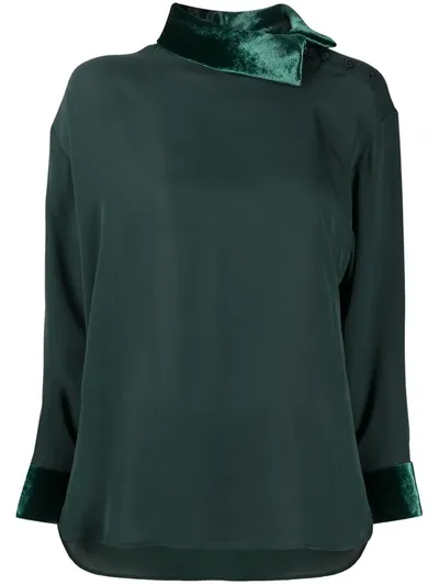 Emporio Armani Velvet-trim Silk Blouse In Green