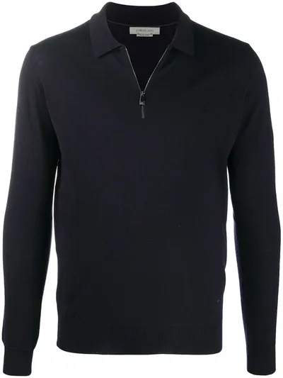 Corneliani Fine Knit Sweater With Shirt Zip Fastening In Blue