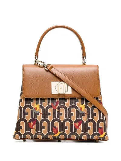 Furla Monogram Bird Print Tote Bag In Brown