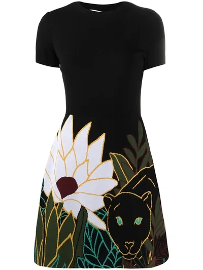 Valentino Jungle-pattern Flared Dress In Black