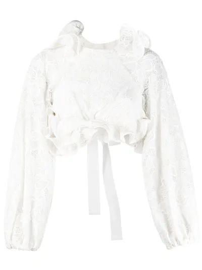 Zimmermann Cropped Ruffled Cotton Crocheted Lace Top In White