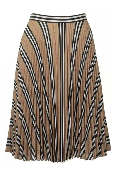 Burberry Striped And Logo Print Skirt In Beige,brown