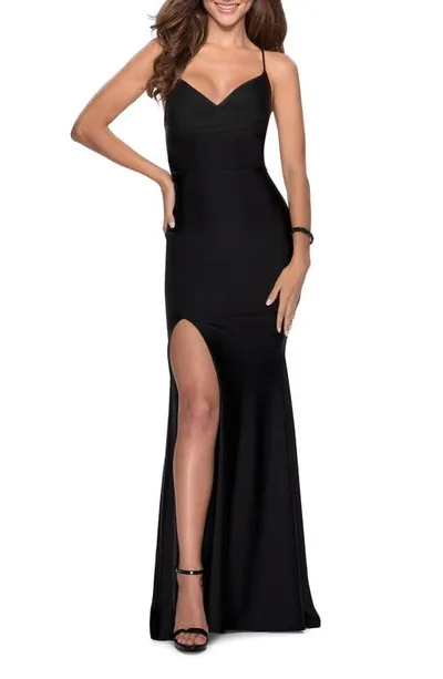 La Femme Jersey Column Gown In Black