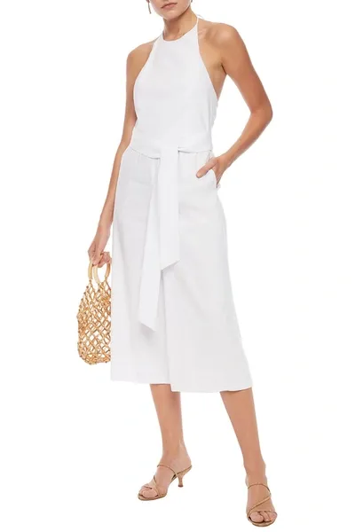 Alice And Olivia Franny Cropped Belted Linen-blend Halterneck Jumpsuit In White