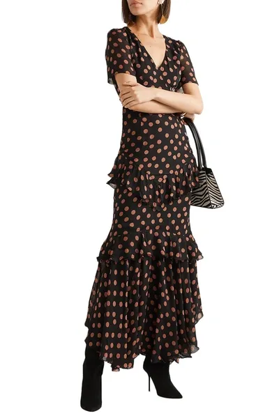 De La Vali Juliette Ruffled Polka-dot Chiffon Maxi Dress In Black