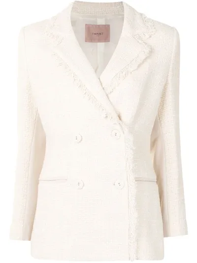 Twinset Tweed Double-breasted Blazer In White