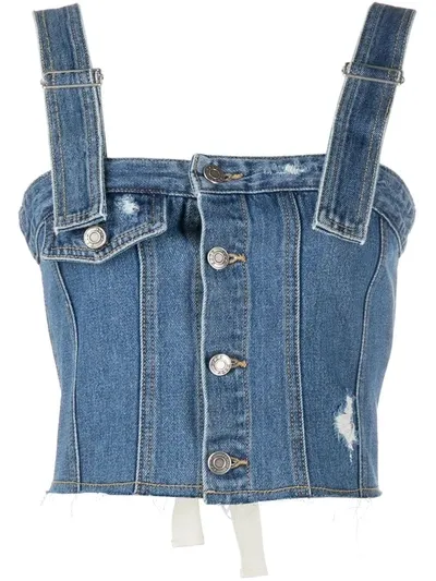 Sjyp Cropped Lace-up Denim Top In Blue