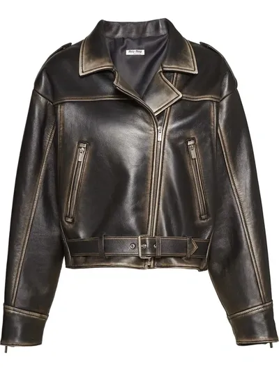 Miu Miu Worn-out Effect Biker Jacket In Black