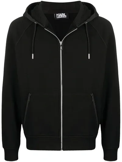 Karl Lagerfeld Drawstring Zip-up Hoodie In Black