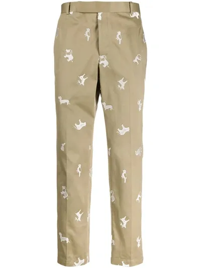 Thom Browne Animal Embroidered Chino Trousers In Neutrals