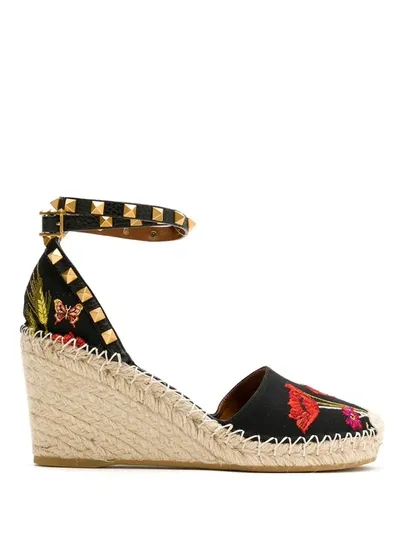 Valentino Garavani Poppy Embroidered Wedge Espadrilles In Black