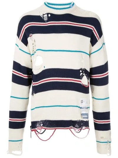 Miharayasuhiro Striped Distressed Jumper In White