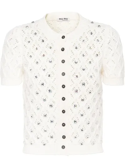 Miu Miu Crystal-embellished Open-knit Cardigan In White