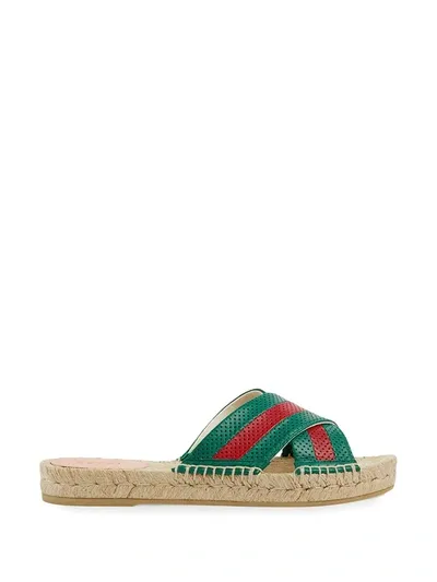 Gucci Wed-stripe Espadrille Slides In Green