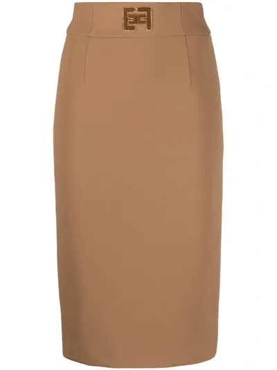 Elisabetta Franchi Embroidered Logo Pencil Skirt In Brown