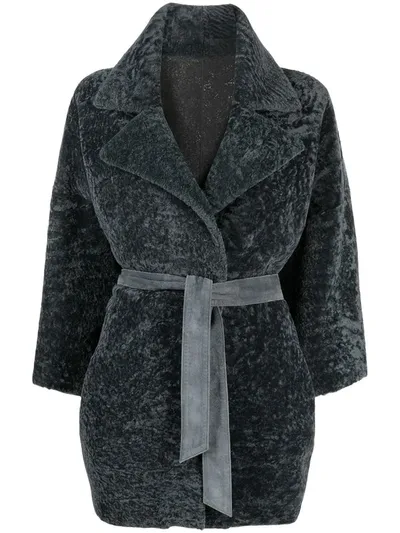 Suprema Belted Shearling Coat In Grey