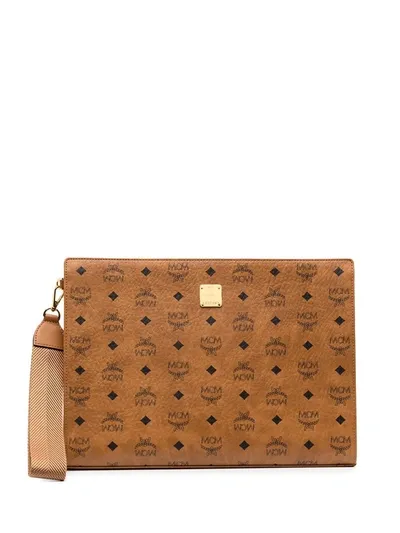 Mcm Monogram-print Clutch In Brown