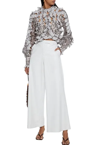 Zimmermann Zippy Fan Cropped Cutout Ruffled Printed Gauze Top In Off-white