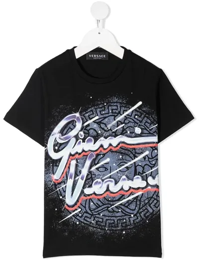 Young Versace Kids' Black T-shirt With Multicolor Print Young In Nero