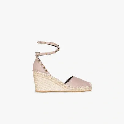 Valentino Garavani Neutrals Neutral Rockstud 85 Leather Wedge Espadrilles In Taupe