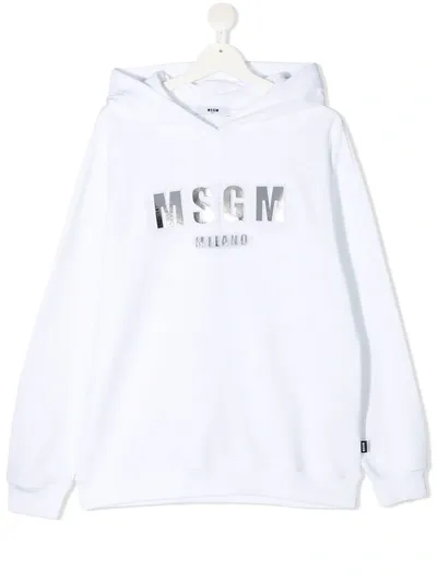 Msgm Teen Metallic Logo-print Cotton Hoodie In White