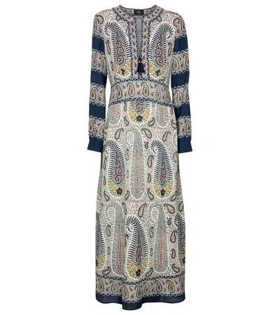 Etro Capri Tie-neck Paisley-print Crepe Dress In Navy