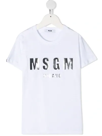 Msgm Kids' Metallic Logo Print Cotton T-shirt In White