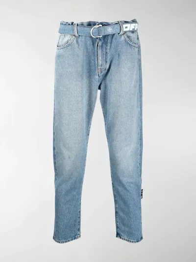 Off-white Logo-print Belted-waist Denim Jeans In Blue