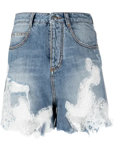 Ermanno Scervino Lace-detail Denim Shorts  In Blue