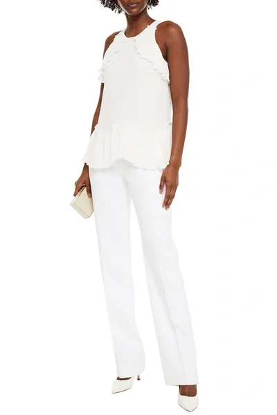 Halston Ruffled Plissé-crepe Top In Ivory