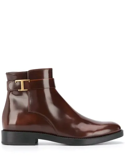 Tod's T Plaque Ankle Boots In Brown