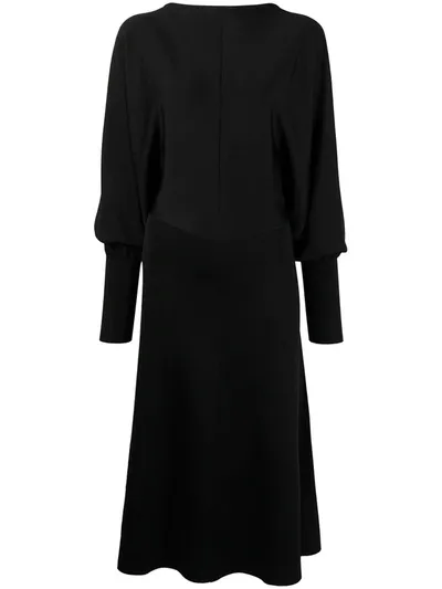 Victoria Beckham Compact Shine Draped-sleeve Open-back Midi Dress In Navyblack