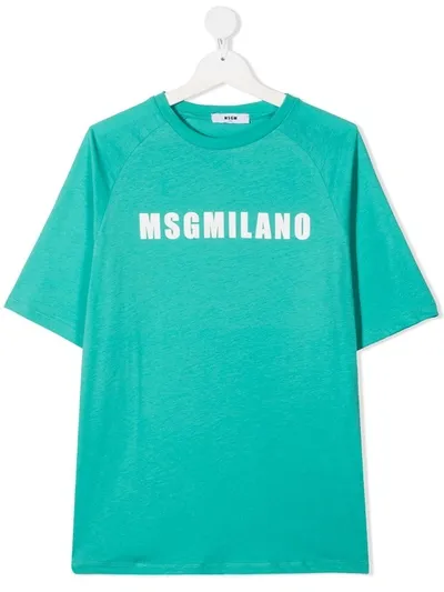 Msgm Teen Short-sleeve Cotton Logo T-shirt In Blue