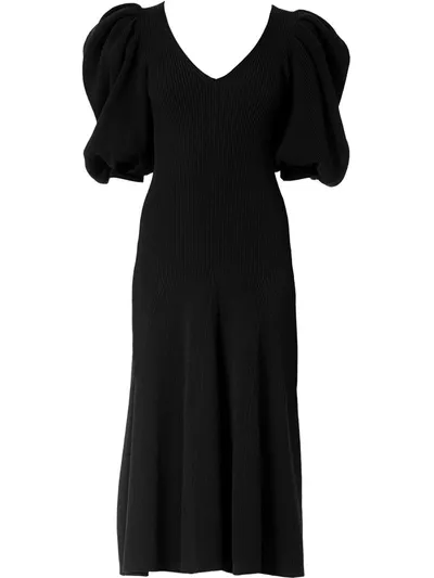 Carolina Herrera Rib-knit Puff-sleeve Dress In Black