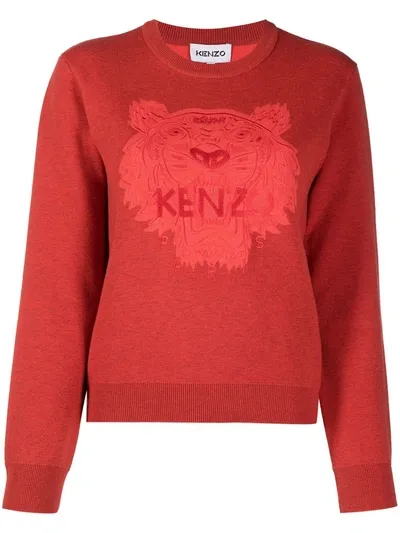 Kenzo Red Sweater With Tiger Embroidery