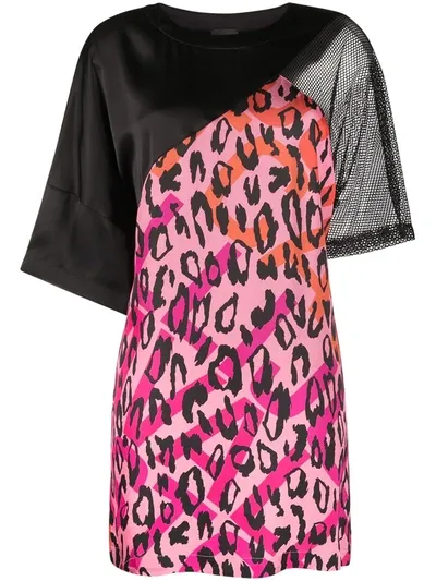 Just Cavalli Paneled Mesh, Crepe And Printed Satin Mini Dress In Pink