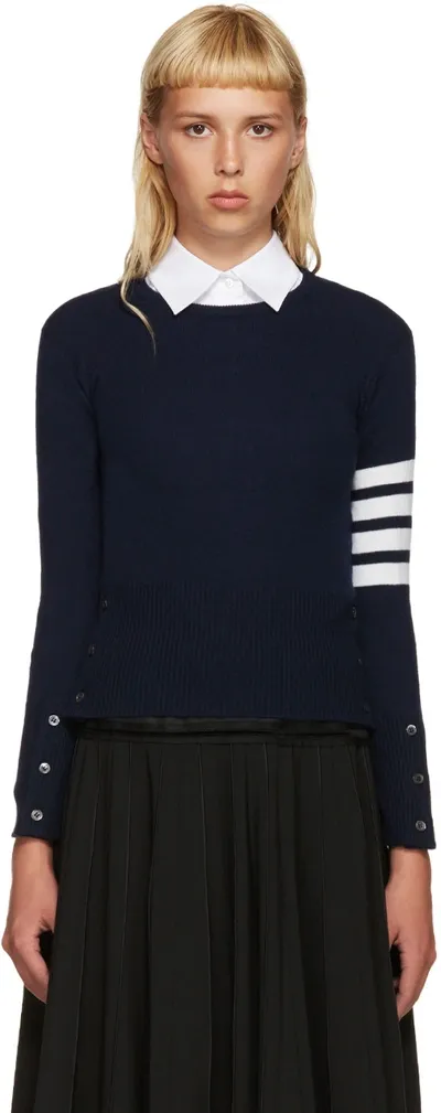 Thom Browne Classic Cashmere Pullover With 4-bar Stripes In Blue