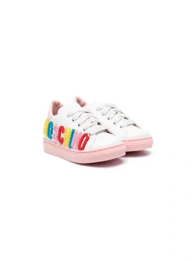 Moschino Kids' Shearling Logo Appliqueé Sneakers In White,pink