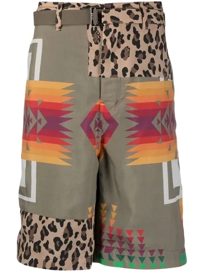 Sacai Mix-print Belted Shorts In Green