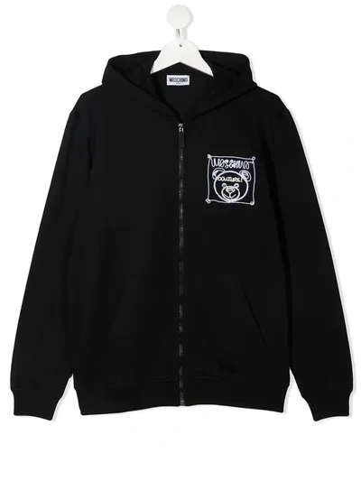 Moschino Teen Embroidered-logo Zip-up Hoodie In Black