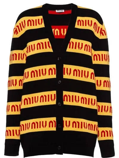 Miu Miu Logo Striped V-neck Cardigan In Black