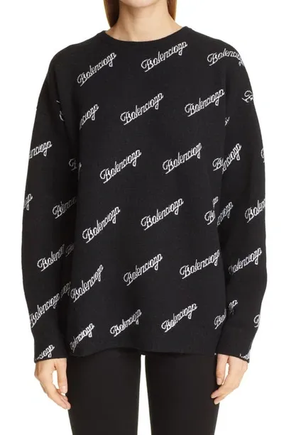 Balenciaga Long Sleeve Logo Crewneck Sweater In Black White