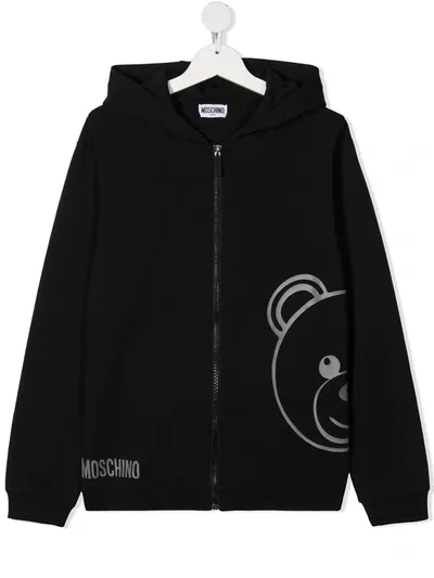 Moschino Teen Teddy Bear-print Zip-up Hoodie In Black