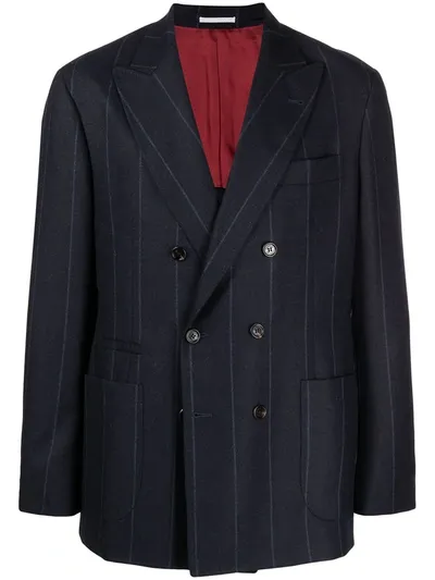 Brunello Cucinelli Stripe-print Double-breasted Blazer In Blau