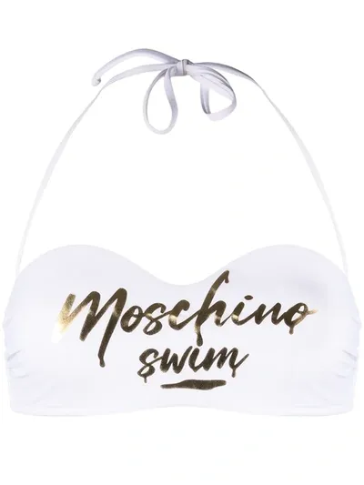 Moschino Logo Print Halterneck Bikini Top In White