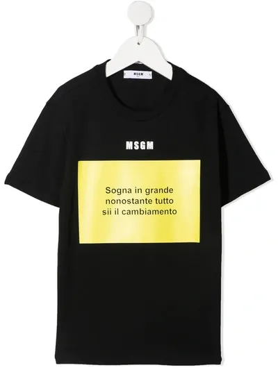 Msgm Teen Slogan Print Cotton T-shirt In Black