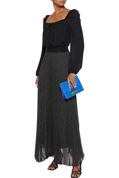 Alice And Olivia Katz Asymmetric Pleated Polka-dot Georgette Maxi Skirt In Min Dot Bk