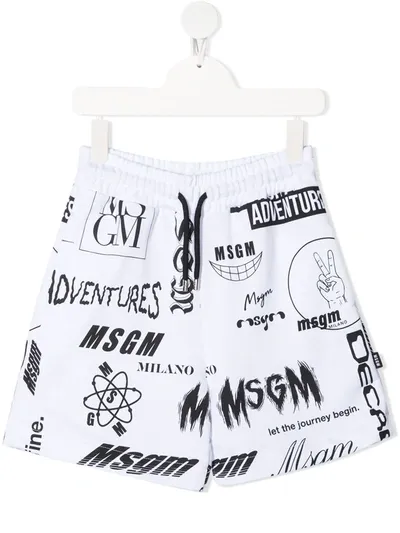 Msgm Teen All-over Logo Print Shorts In White