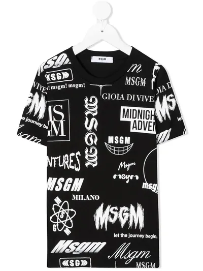 Msgm Kids' Logo-print Crew-neck T-shirt In Black