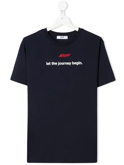 Msgm Teen Slogan-print Cotton T-shirt In Blue